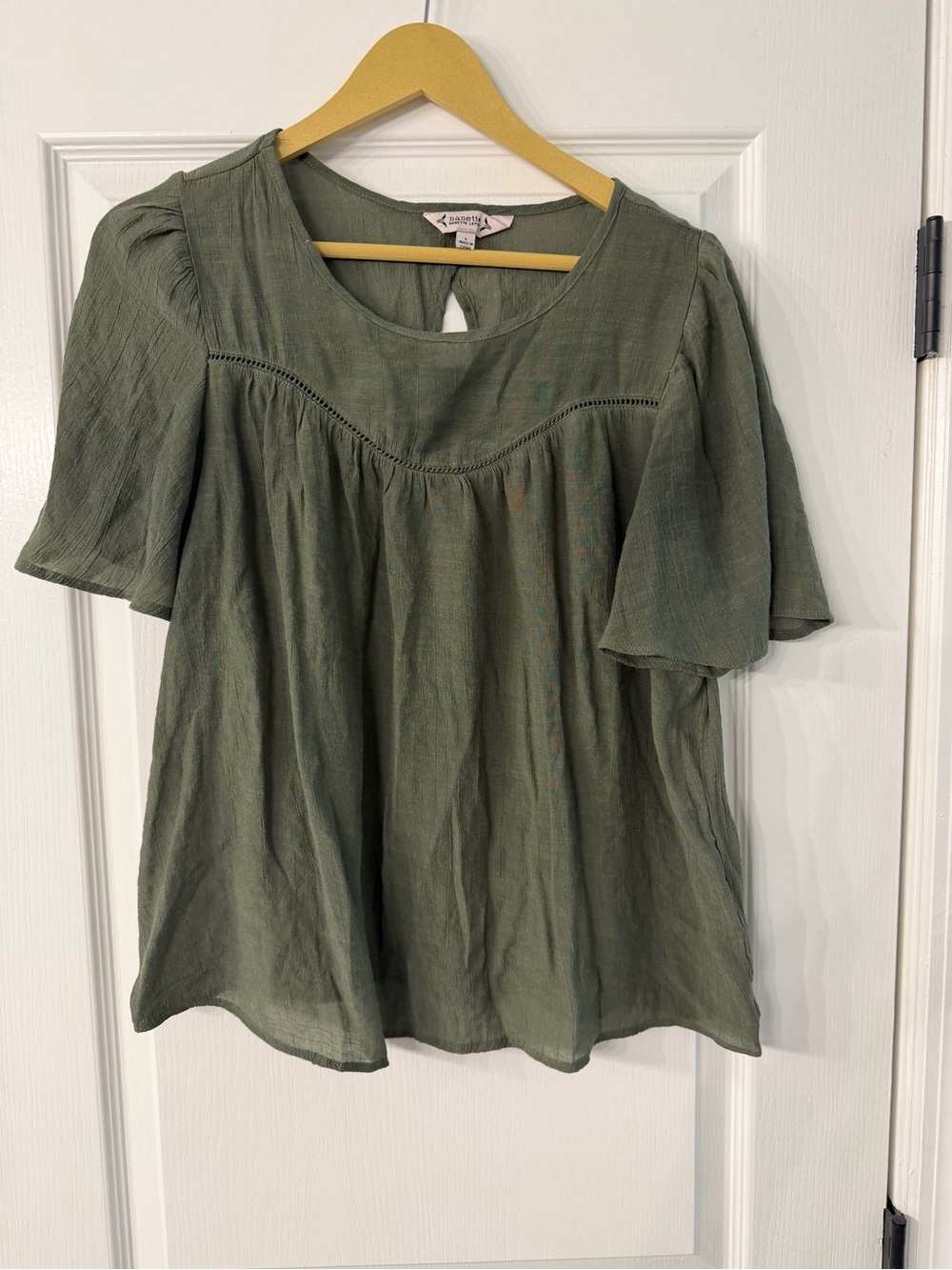 Nanette Lepore Olive Green Scoop-Neck Flutter Sleeve Blouse